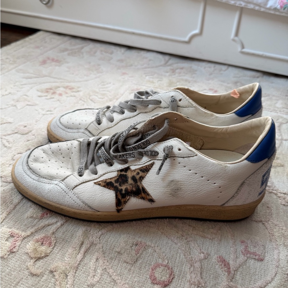 White & Blue Sneakers with Leopard Pony Hair Star Accent